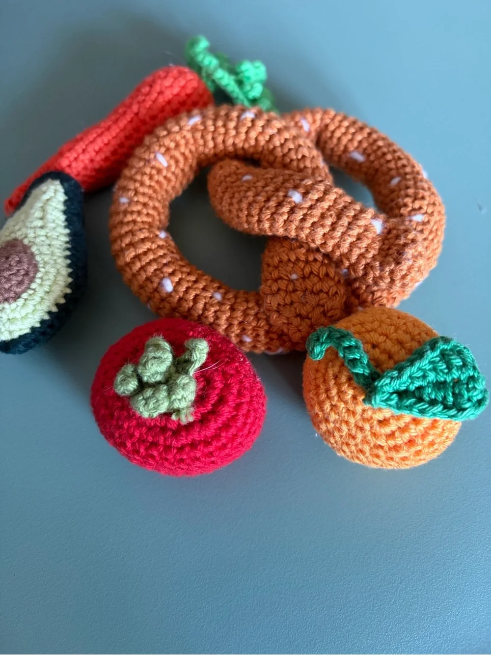Crocheted Pretzel & Fruit Play Set - Orange, Red, Green